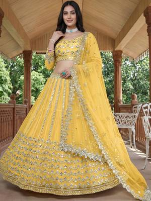Alluring Yellow Foil Work Net Haldi Wear Lehenga Choli With Dupatta 3