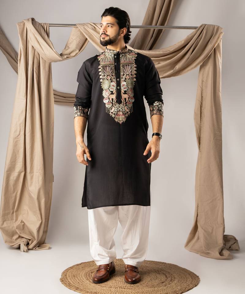Black color smart and designer wedding special traditional outfit for men