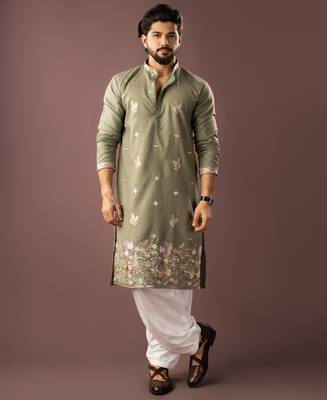 Green color smart embroidered kurta for rich classy men's looks 1