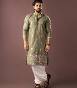 Green color smart embroidered kurta for rich classy men's looks