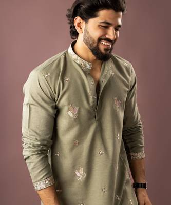 Green color smart embroidered kurta for rich classy men's looks 3