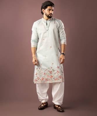 Ice blue color smart embroidered kurta for rich classy men's looks 1