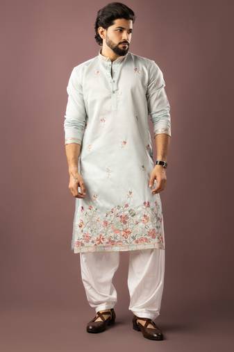 Ice blue color smart embroidered kurta for rich classy men's looks