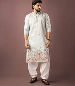 Ice blue color smart embroidered kurta for rich classy men's looks