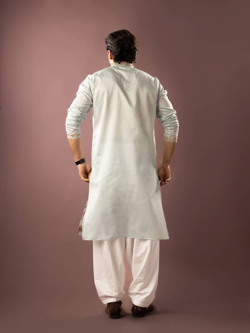 Ice blue color smart embroidered kurta for rich classy men's looks