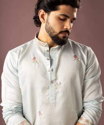 Ice blue color smart embroidered kurta for rich classy men's looks 3