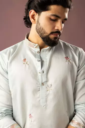 Ice blue color smart embroidered kurta for rich classy men's looks
