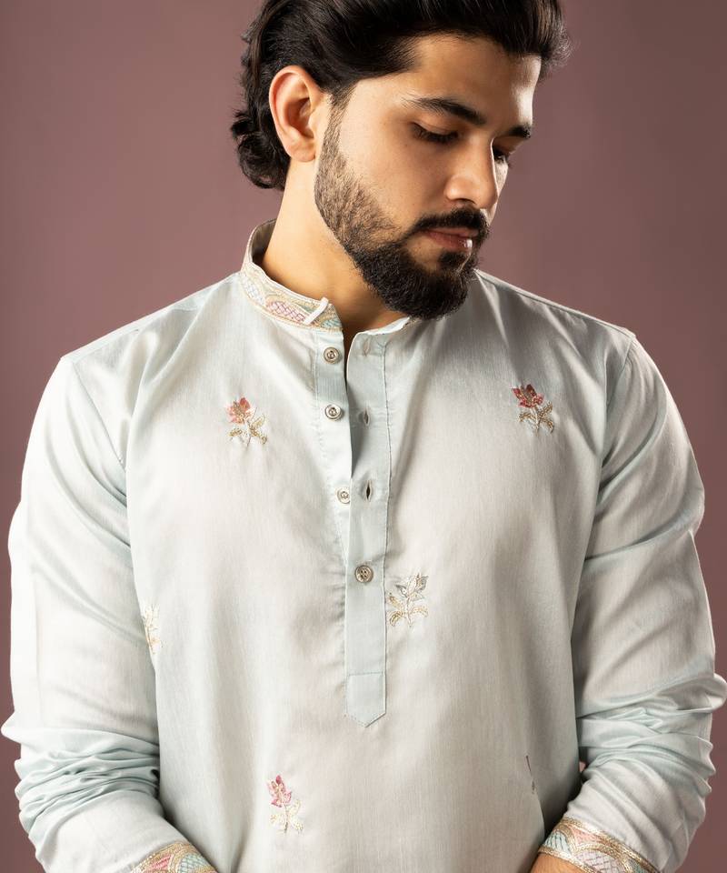 Ice blue color smart embroidered kurta for rich classy men's looks