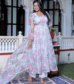 White organza printed  kurta pant with dupatta