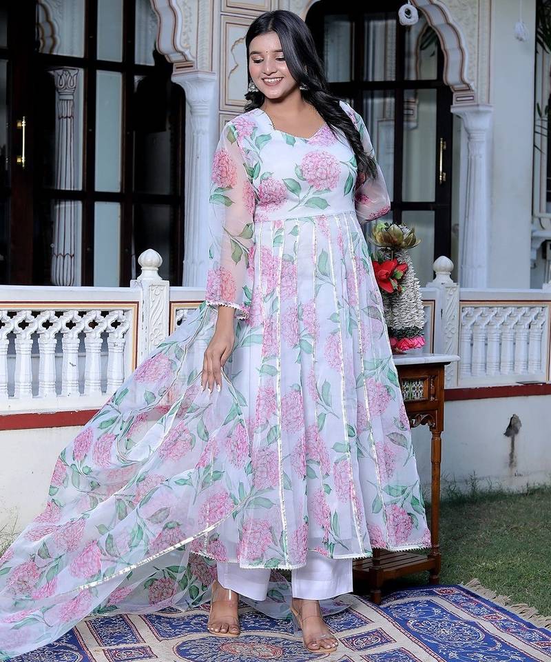 White organza printed  kurta pant with dupatta