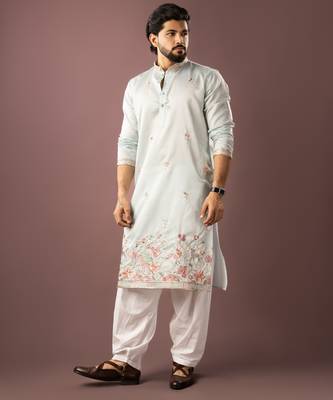 Ice blue color smart embroidered kurta for rich classy men's looks 4