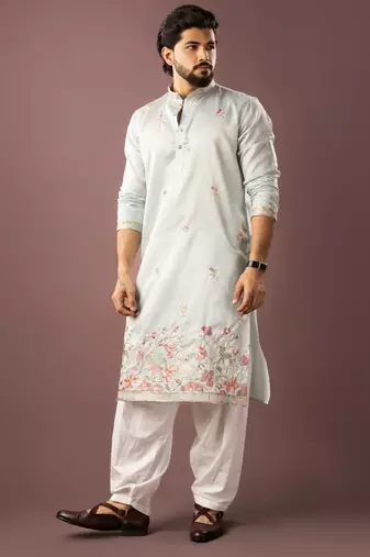 Ice blue color smart embroidered kurta for rich classy men's looks