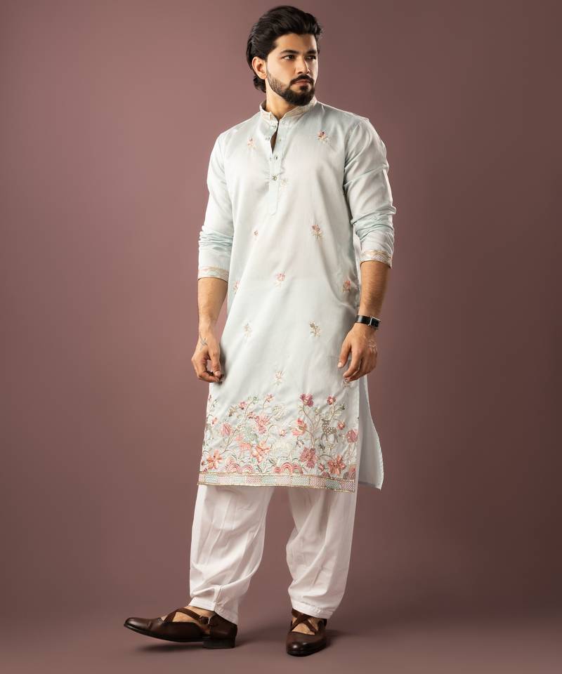 Ice blue color smart embroidered kurta for rich classy men's looks