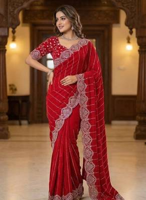 Red Color  Sequence embroidery work with Cut work border  Chiffon art silk saree  1