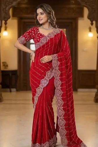 Red Color  Sequence embroidery work with Cut work border  Chiffon Silk Saree 