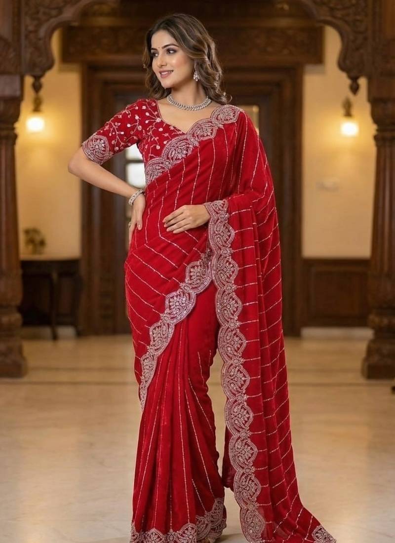 Red Color  Sequence embroidery work with Cut work border  Chiffon Silk Saree 
