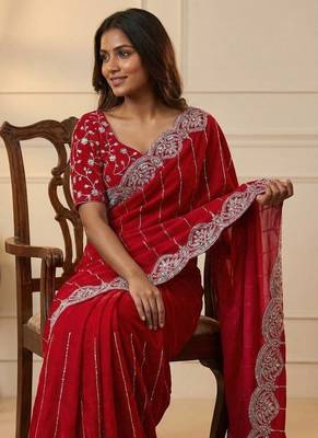 Red Color  Sequence embroidery work with Cut work border  Chiffon art silk saree  2