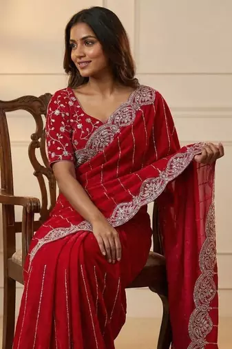 Red Color  Sequence embroidery work with Cut work border  Chiffon art silk saree 