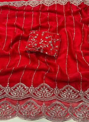 Red Color  Sequence embroidery work with Cut work border  Chiffon art silk saree  3