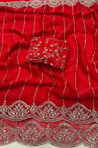 Red Color  Sequence embroidery work with Cut work border  Chiffon art silk saree 