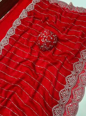 Red Color  Sequence embroidery work with Cut work border  Chiffon art silk saree  4