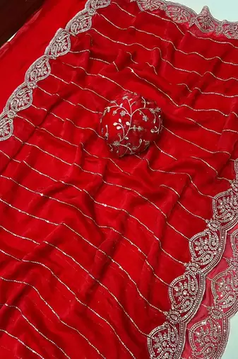 Red Color  Sequence embroidery work with Cut work border  Chiffon art silk saree 
