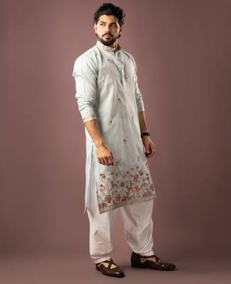 Ice blue color smart embroidered kurta for rich classy men's looks 5
