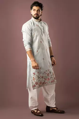 Ice blue color smart embroidered kurta for rich classy men's looks