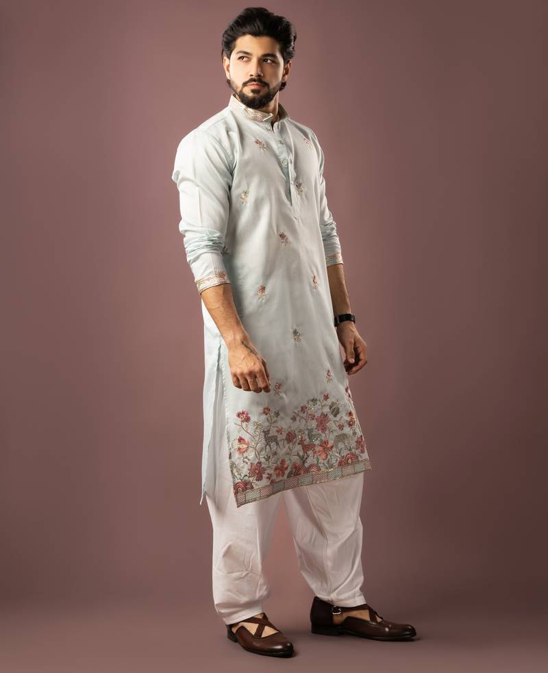 Ice blue color smart embroidered kurta for rich classy men's looks
