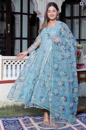 Blue printed oraganza kurta pant with dupatta