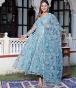 Blue printed oraganza kurta pant with dupatta