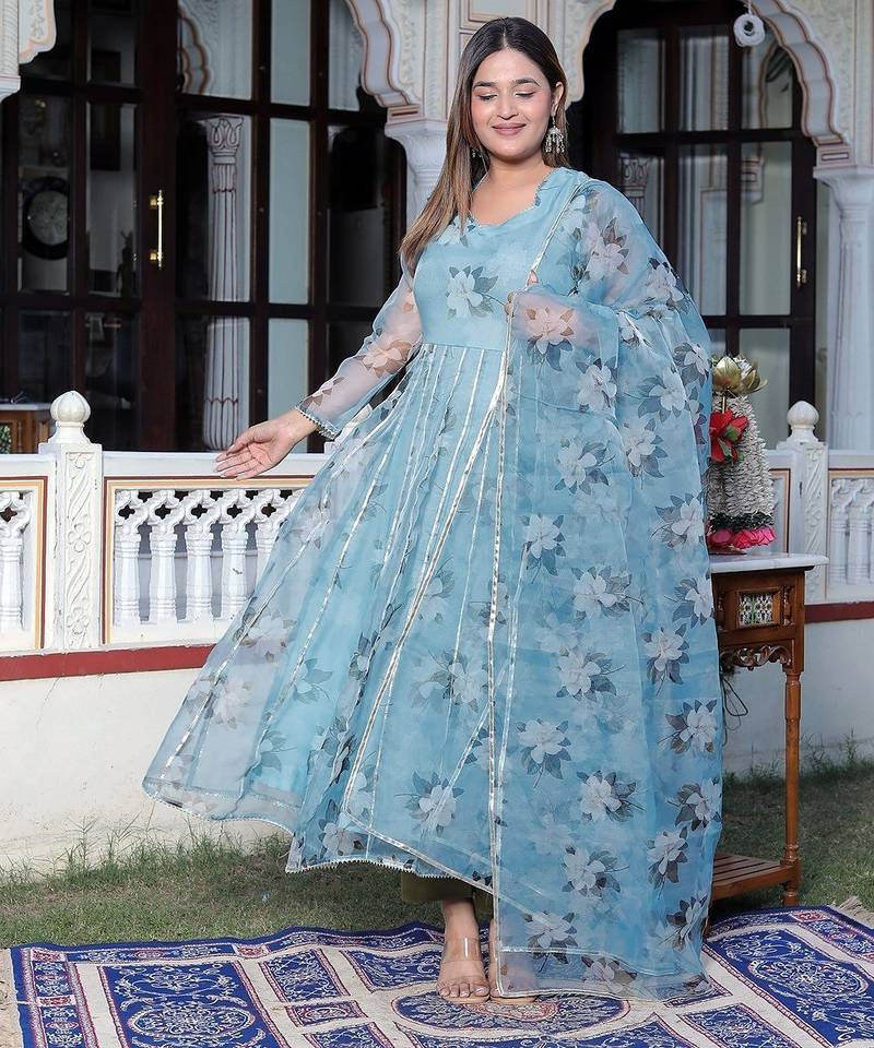Blue printed oraganza kurta pant with dupatta