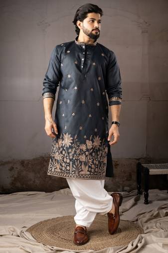 Navy blue color smart embroidered kurta for rich classy men's looks