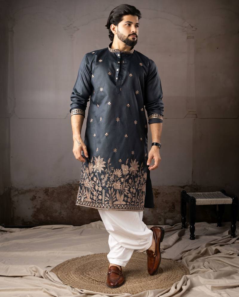 Navy blue color smart embroidered kurta for rich classy men's looks