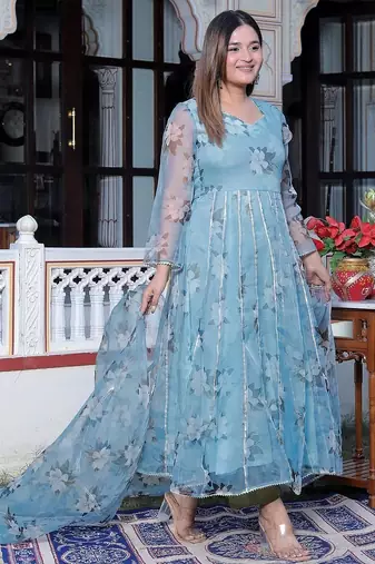 Blue printed oraganza kurta pant with dupatta
