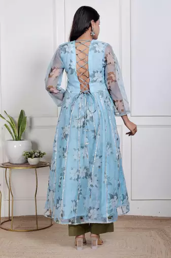 Blue printed oraganza kurta pant with dupatta