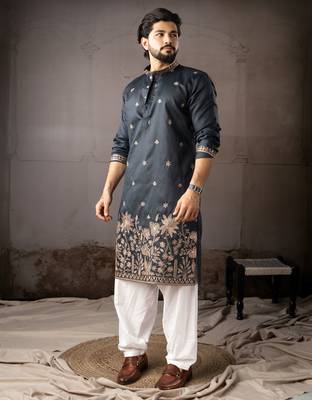 Navy blue color smart embroidered kurta for rich classy men's looks 4