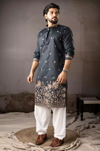Navy blue color smart embroidered kurta for rich classy men's looks