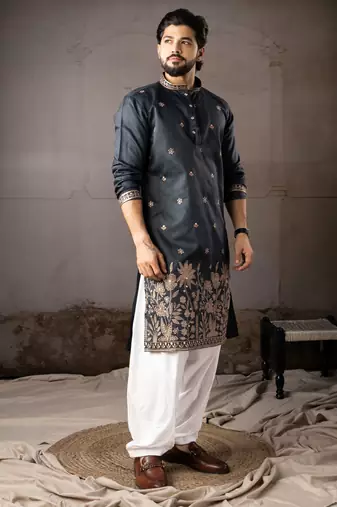 Navy blue color smart embroidered kurta for rich classy men's looks