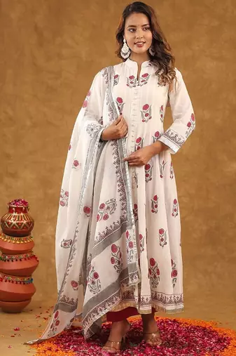 White block print  kurta pant with dupatta
