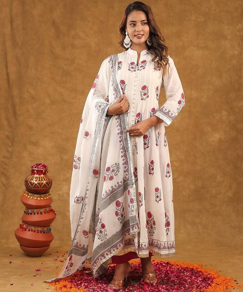 White block print  kurta pant with dupatta