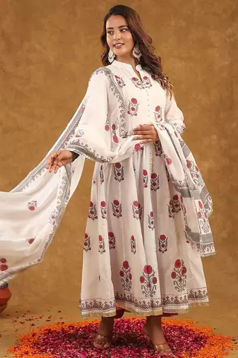 White block print  kurta pant with dupatta