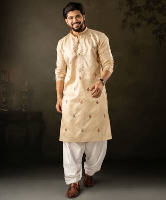 Beige color smart embroidered kurta for rich classy men's looks 1