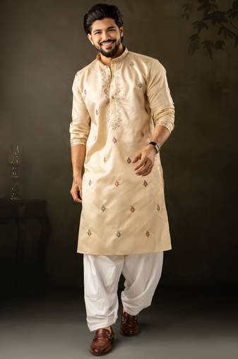 Beige color smart embroidered kurta for rich classy men's looks