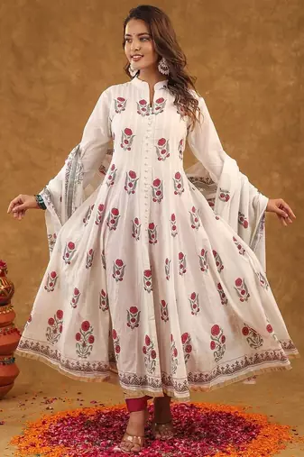 White block print  kurta pant with dupatta