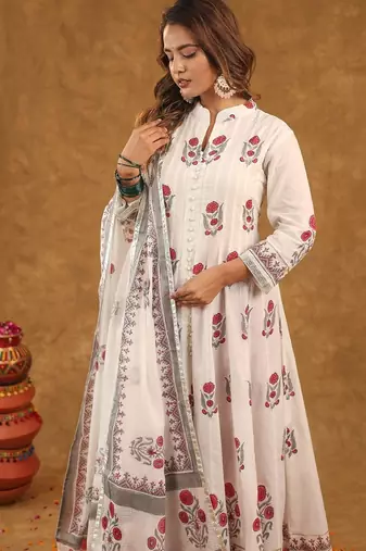 White block print  kurta pant with dupatta
