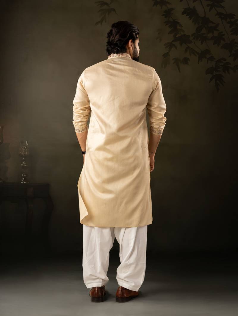 Beige color smart embroidered kurta for rich classy men's looks