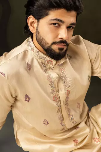 Beige color smart embroidered kurta for rich classy men's looks
