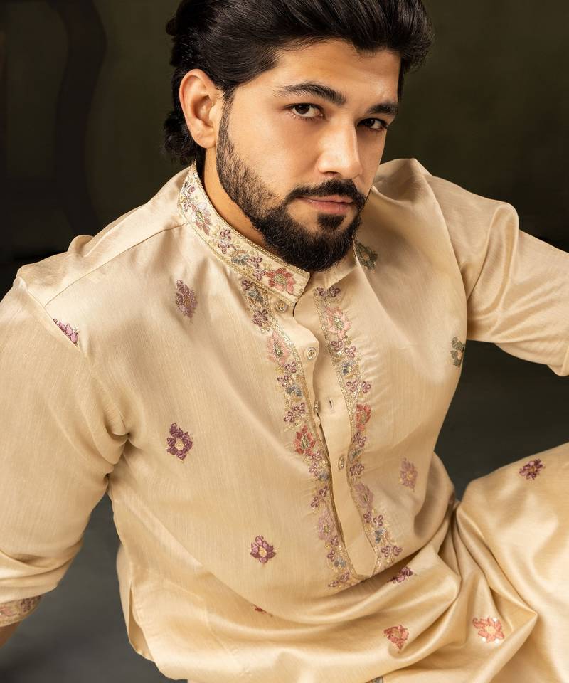 Beige color smart embroidered kurta for rich classy men's looks