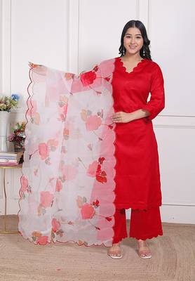 Red kurta pant with organza printed duptta 1